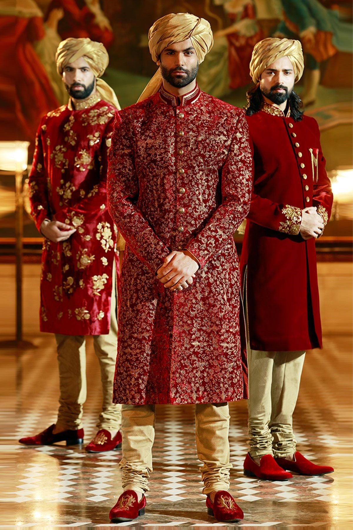 maroon gold velvet zari embroidered wedding sherwani