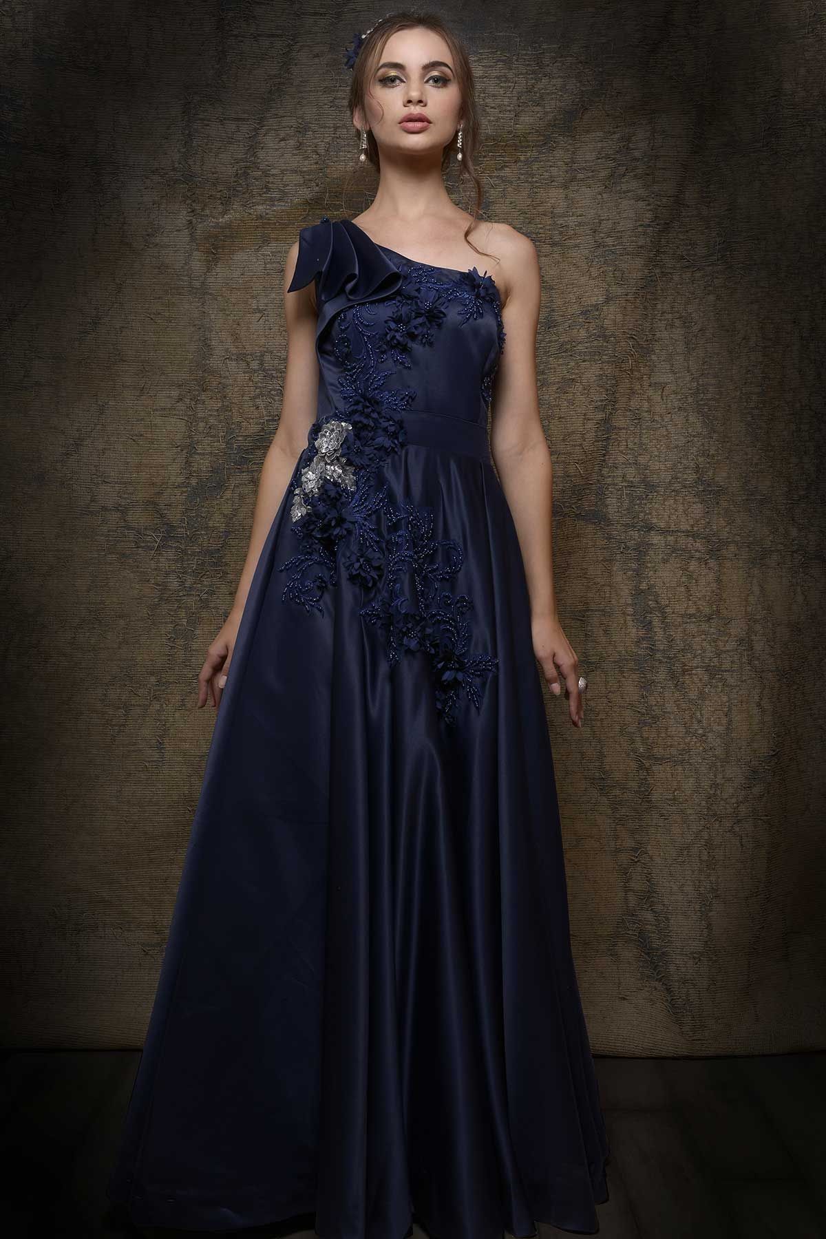 Samyakk - blue applique embroidered satin evening gown