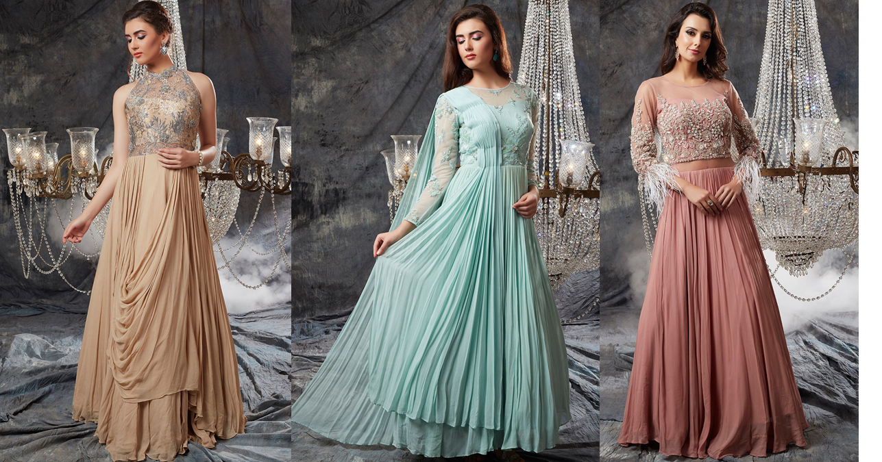 fallow brown, thulian pink, marine blue zari embroidered georgette evening gown