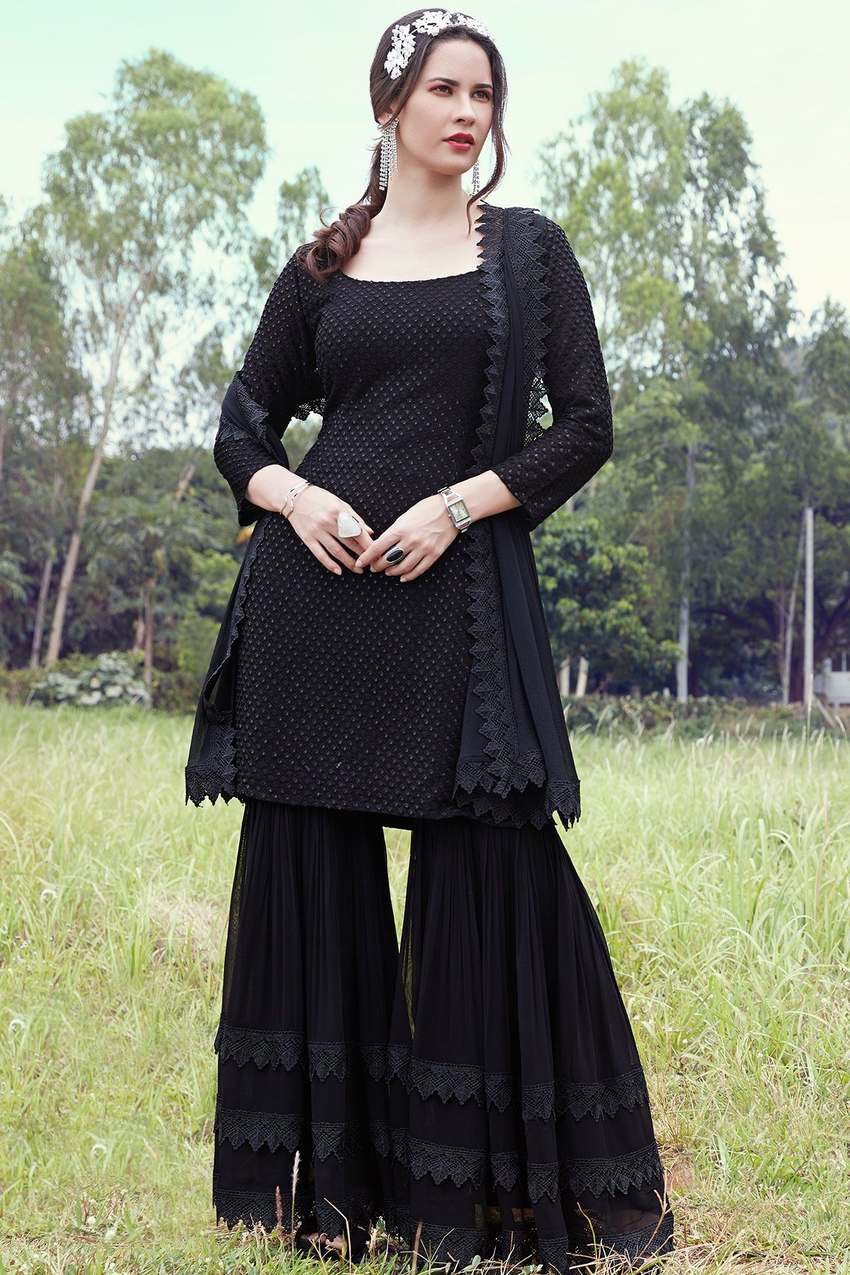 Black Stone Embroidered Georgette Designer Salwar