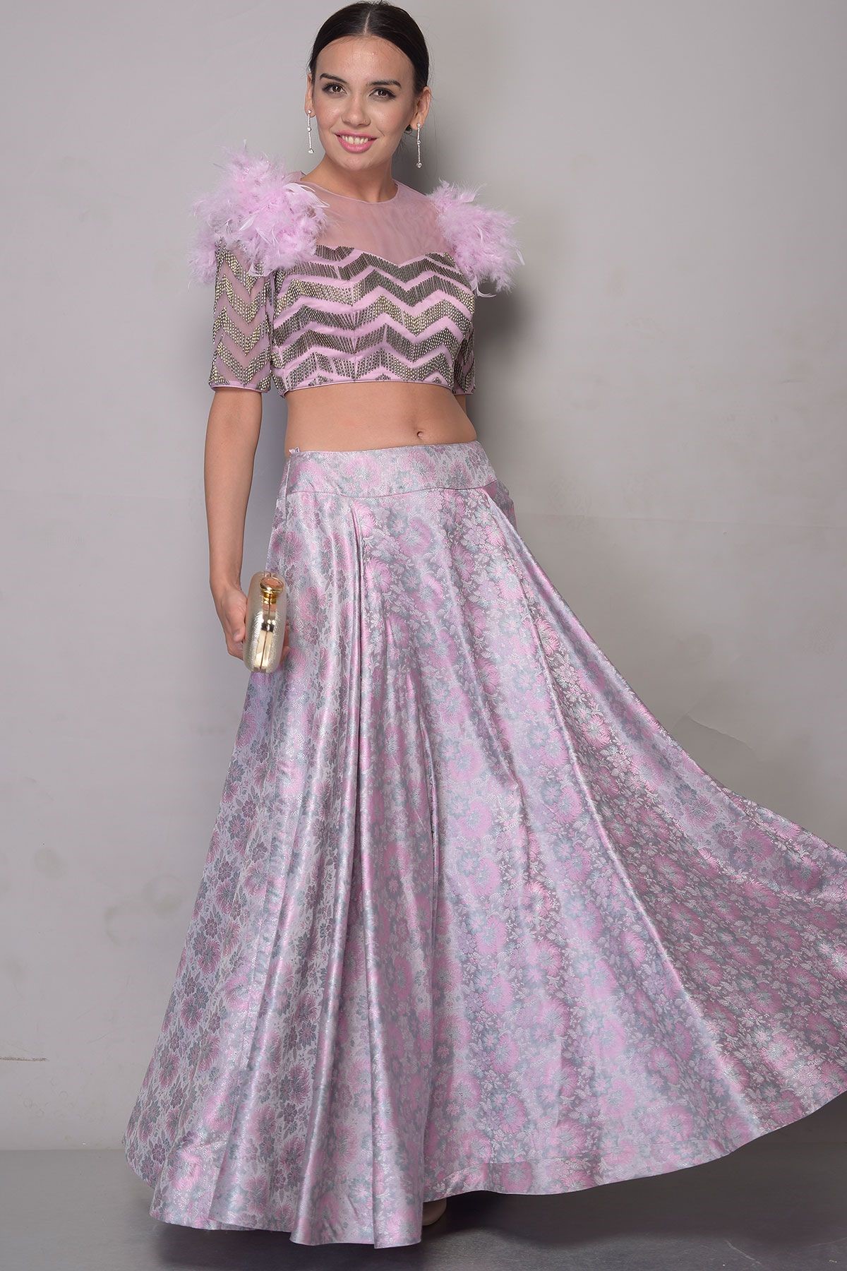 Pink Lavender Silk Cutdana embroidered Crop Top Lehenga
