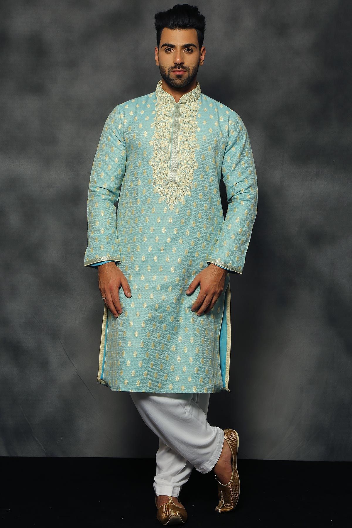 Blue Beige Dori embroidered Cotton Silk Kurta