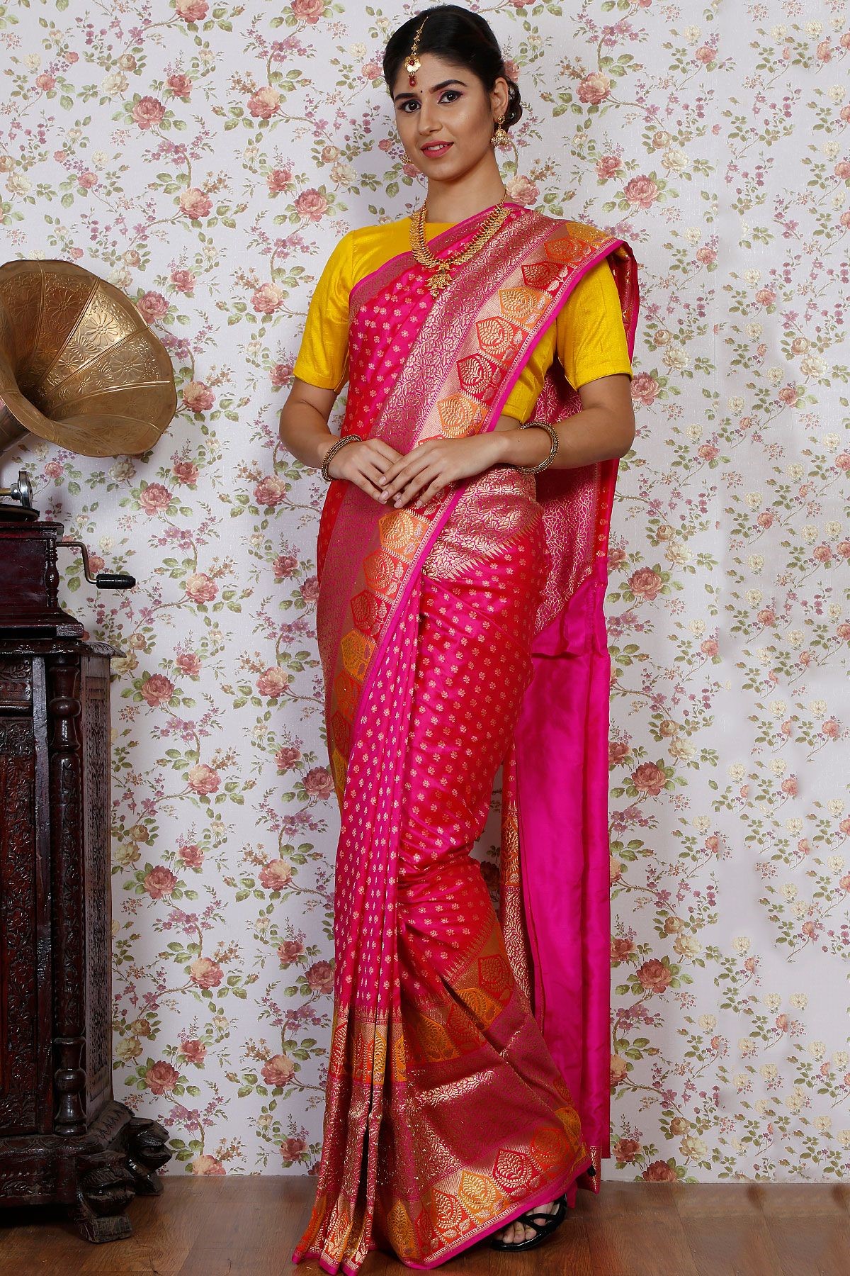Samyakk.com - Ruby Pink Banarasi Silk Zari Woven Saree