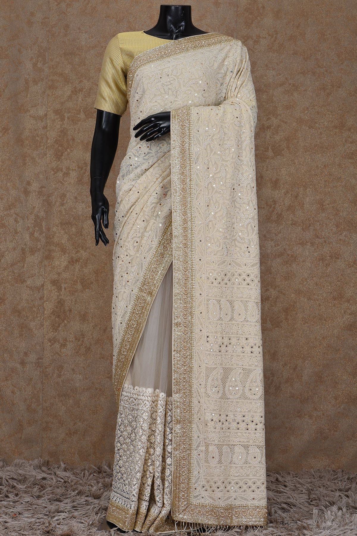 White Georgette Net Thread Embroidered Saree - Samyakk