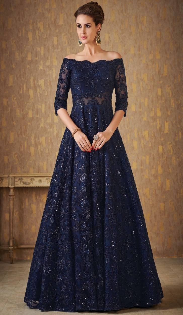 Blue Resham Embroidered Evening Gown