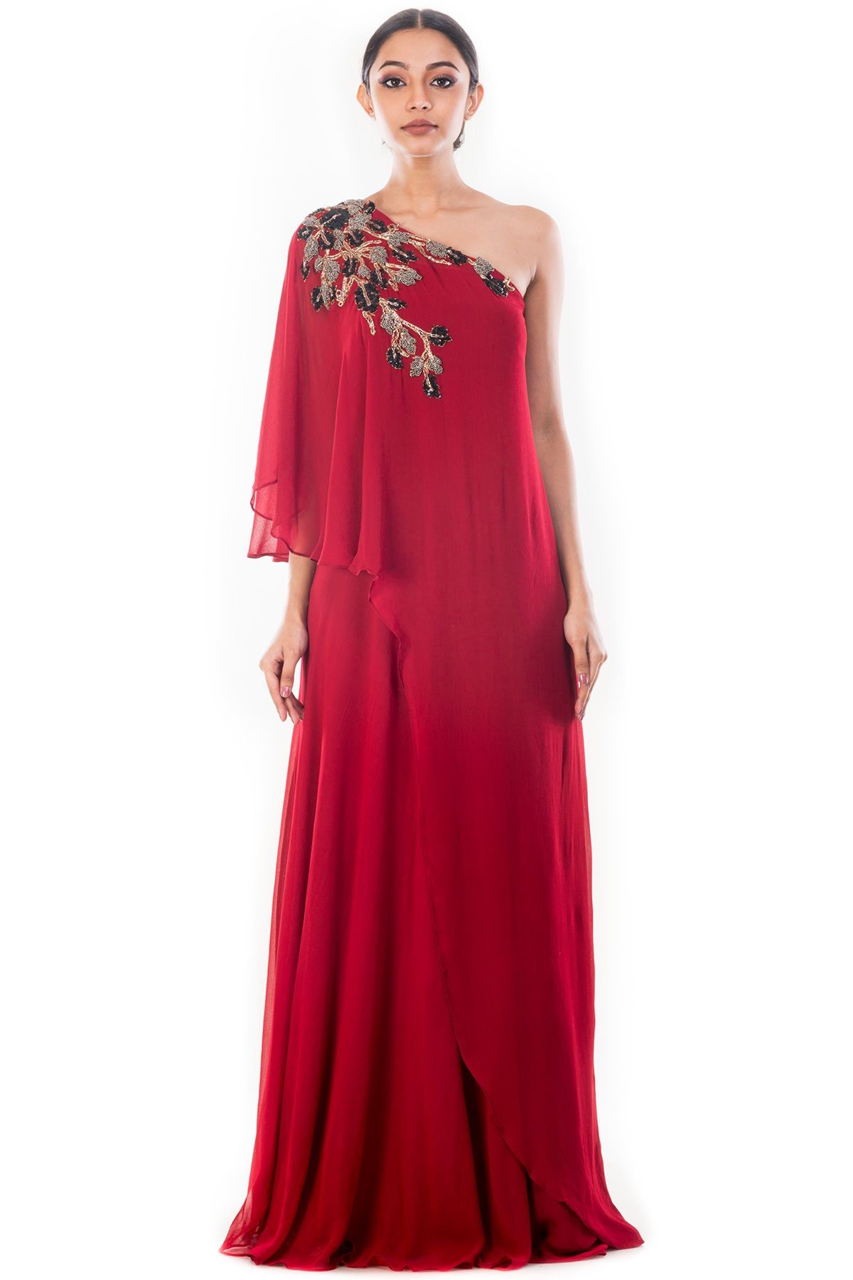 Wine Dori Embroidered Georgette Evening Gown - Samyakk