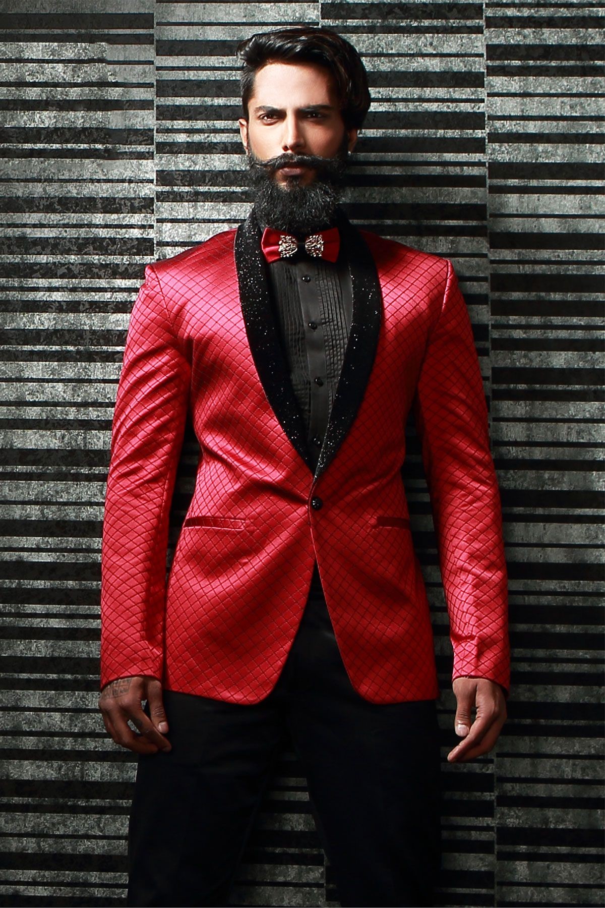Red Yelvet Thread Embroidered Tuxedo Suits - Samaykk.com
