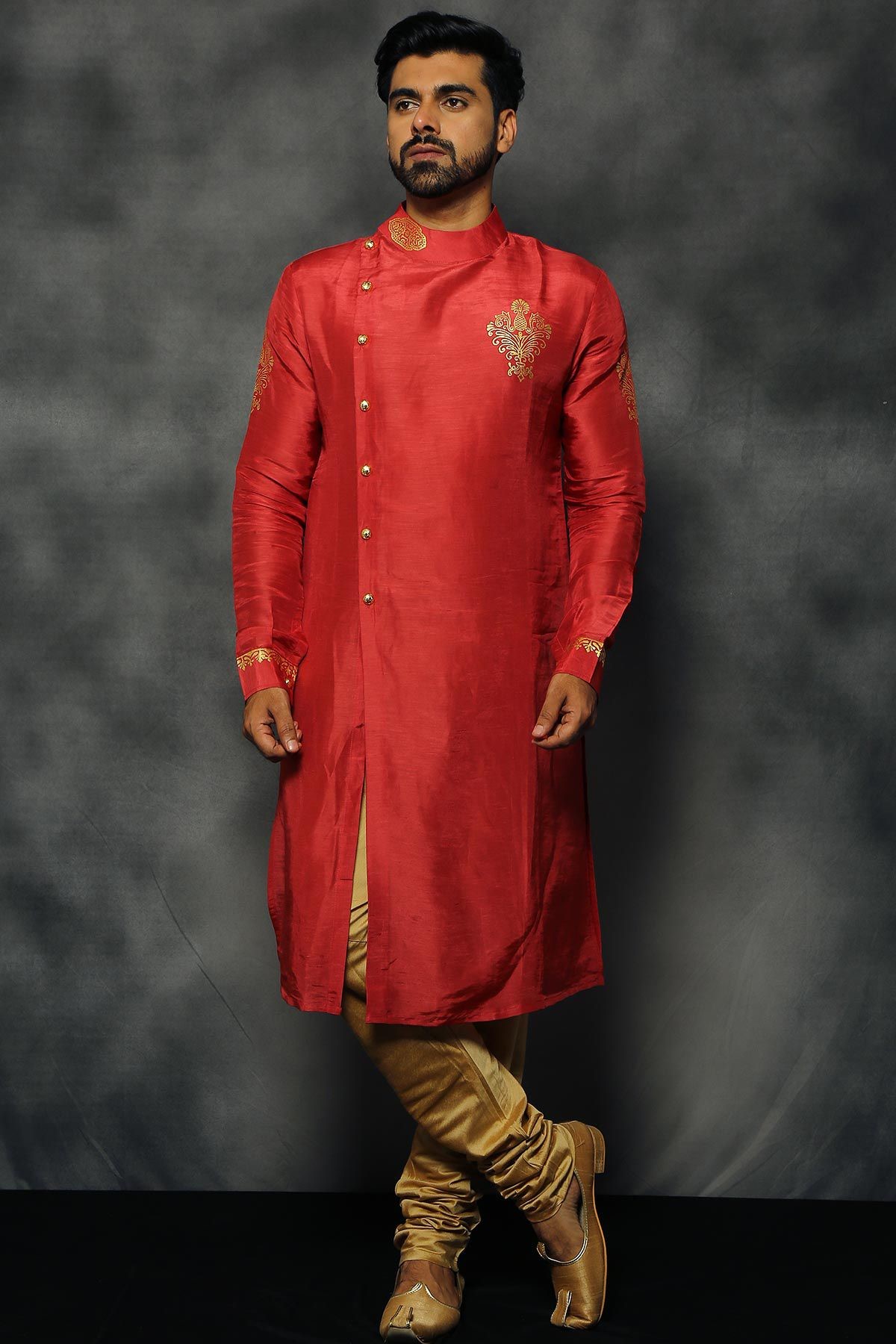 Red Silk Foil Print Kurta - Samyakk